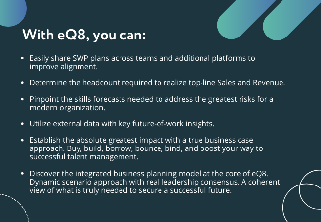 With eQ8, you can:  Easily share SWP plans across teams and additional platforms to improve alignment Determine the headcount required to realize top-line Sales and Revenue.  Pinpoint the skills forecasts needed to address the greatest risks for a modern organization. Utilize external data with key future-of-work insights.  Establish the absolute greatest impact with a true business case approach. Buy, build, borrow, bounce, bind, and boost your way to successful talent management. Discover the integrated business planning model at the core of eQ8. Dynamic scenario approach with real leadership consensus. A coherent view of what is truly needed to secure a successful future.