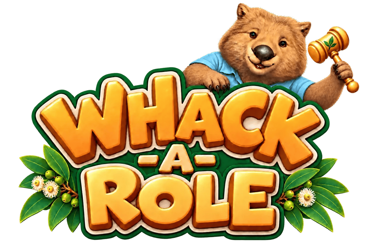 Whack-A-Role, with our cheerful business-casual wombat holding the golden leaf-emblem gavel